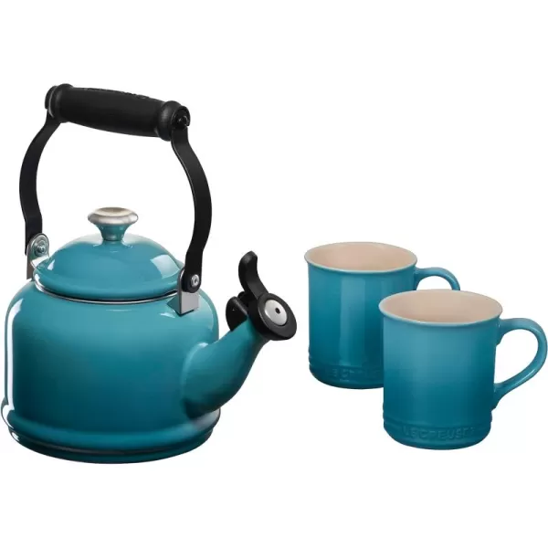 Le Creuset Enamel On Steel Demi Kettle with Metal Finishes &amp; Stoneware Set of 2 Mugs, 1.25 qt. Kettle &amp;  14 oz. Mugs, Cerise