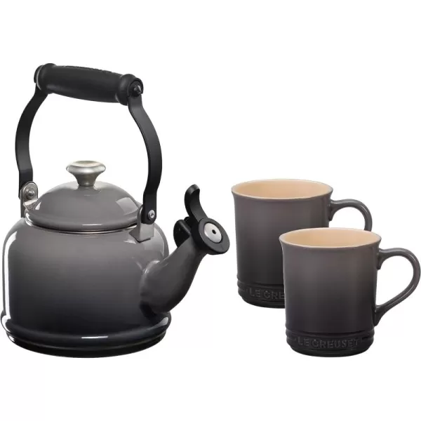 Le Creuset Enamel On Steel Demi Kettle with Metal Finishes &amp; Stoneware Set of 2 Mugs, 1.25 qt. Kettle &amp;  14 oz. Mugs, Cerise