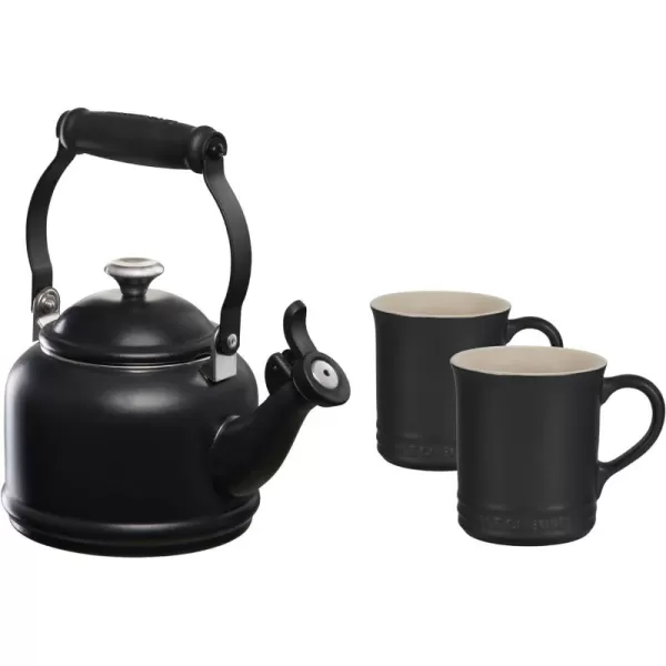 Le Creuset Enamel On Steel Demi Kettle with Metal Finishes &amp; Stoneware Set of 2 Mugs, 1.25 qt. Kettle &amp;  14 oz. Mugs, Cerise