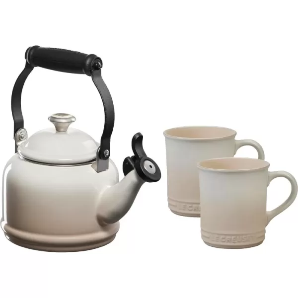 Le Creuset Enamel On Steel Demi Kettle with Metal Finishes &amp; Stoneware Set of 2 Mugs, 1.25 qt. Kettle &amp;  14 oz. Mugs, Cerise