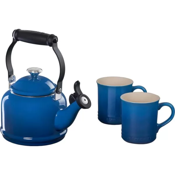 Le Creuset Enamel On Steel Demi Kettle with Metal Finishes &amp; Stoneware Set of 2 Mugs, 1.25 qt. Kettle &amp;  14 oz. Mugs, Cerise