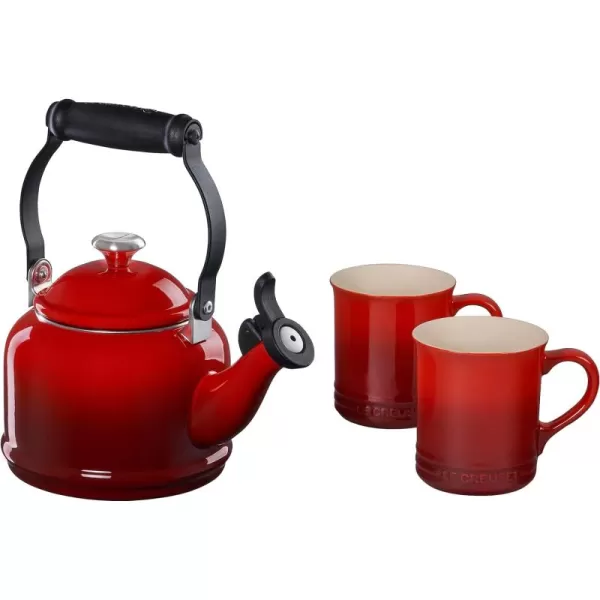 Le Creuset Enamel On Steel Demi Kettle with Metal Finishes &amp; Stoneware Set of 2 Mugs, 1.25 qt. Kettle &amp;  14 oz. Mugs, Cerise