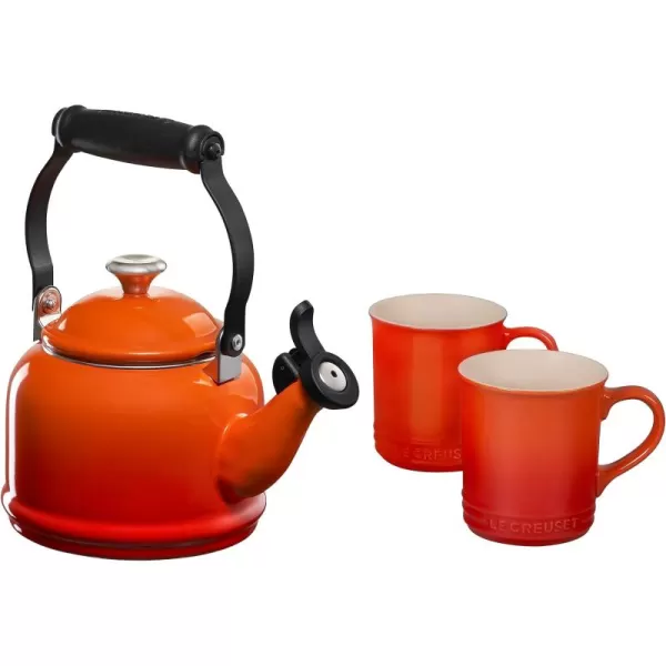 Le Creuset Enamel On Steel Demi Kettle with Metal Finishes &amp; Stoneware Set of 2 Mugs, 1.25 qt. Kettle &amp;  14 oz. Mugs, Cerise