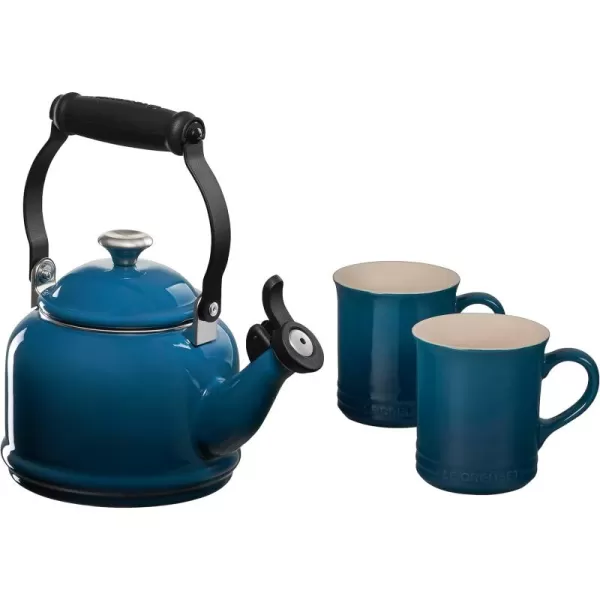 Le Creuset Enamel On Steel Demi Kettle with Metal Finishes &amp; Stoneware Set of 2 Mugs, 1.25 qt. Kettle &amp;  14 oz. Mugs, Cerise