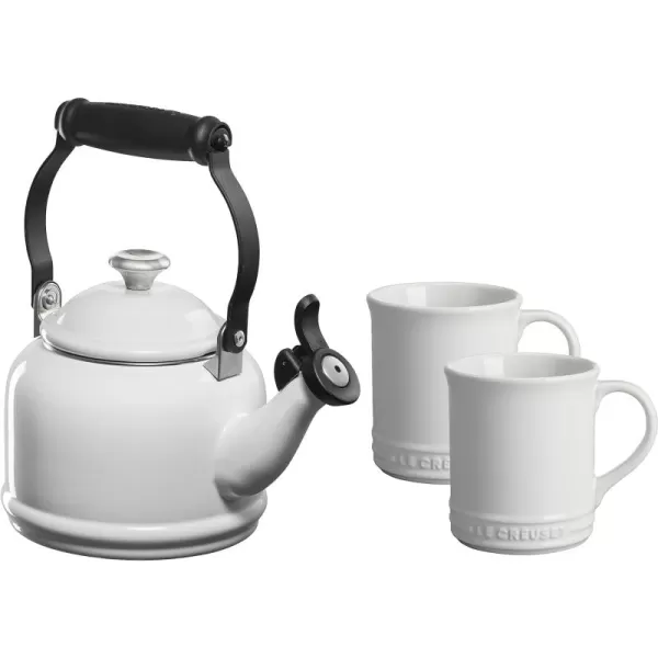 Le Creuset Enamel On Steel Demi Kettle with Metal Finishes &amp; Stoneware Set of 2 Mugs, 1.25 qt. Kettle &amp;  14 oz. Mugs, Cerise
