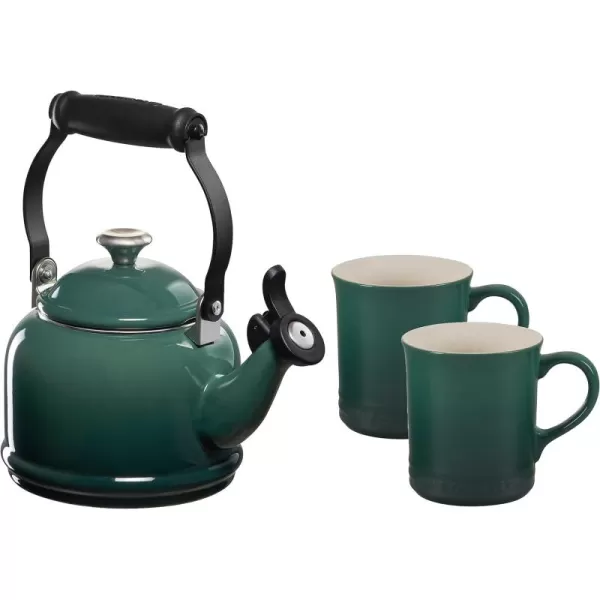 Le Creuset Enamel On Steel Demi Kettle with Metal Finishes &amp; Stoneware Set of 2 Mugs, 1.25 qt. Kettle &amp;  14 oz. Mugs, Cerise