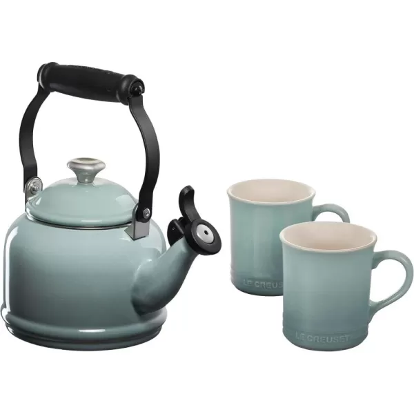 Le Creuset Enamel On Steel Demi Kettle with Metal Finishes &amp; Stoneware Set of 2 Mugs, 1.25 qt. Kettle &amp;  14 oz. Mugs, Cerise