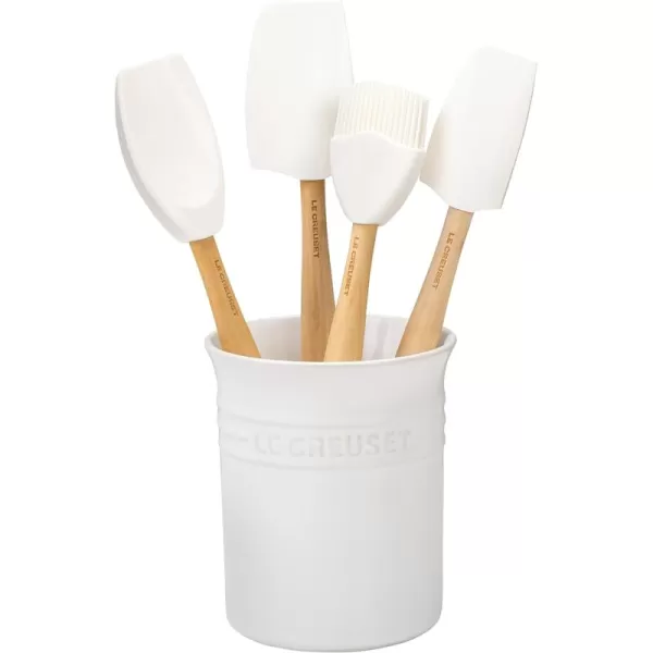 Le Creuset Silicone Craft Series Utensil Set with Stoneware Crock, 5 pc., White