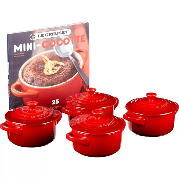 Le Creuset Stoneware Set of 4 Mini Cocottes with Cookbook, 8 oz. each, Cerise