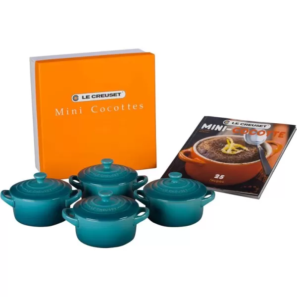 Le Creuset Stoneware Set of 4 Mini Cocottes with Cookbook, 8 oz. each, Cerise