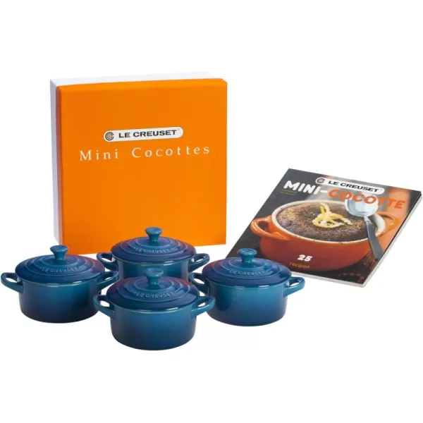 Le Creuset Stoneware Set of 4 Mini Cocottes with Cookbook, 8 oz. each, Cerise
