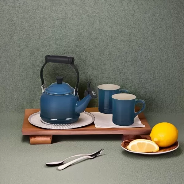 imageLe Creuset Enamel On Steel Demi Kettle ampamp Stoneware Set of 2 Mugs 125 qt Kettle ampamp 2 14 oz Mugs WhiteDeep Teal