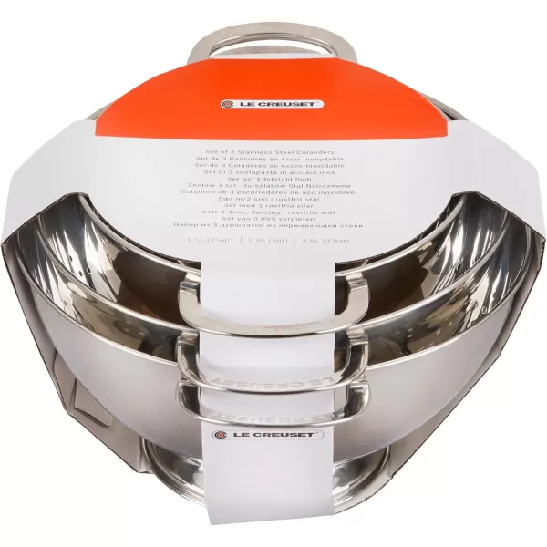 imageLe Creuset Set of 3 Nested Mixing Bowls wNonslip Silicone Base ampamp Plastic Air Tight Lids Large Stainless SteelColanders