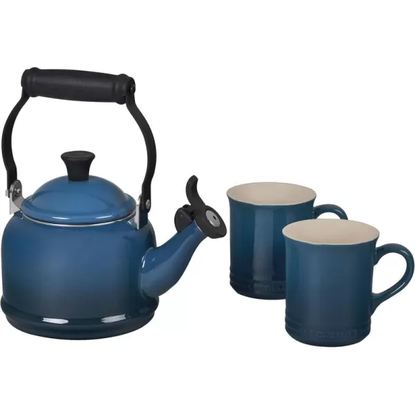 imageLe Creuset Enamel On Steel Demi Kettle ampamp Stoneware Set of 2 Mugs 125 qt Kettle ampamp 2 14 oz Mugs WhiteDeep Teal