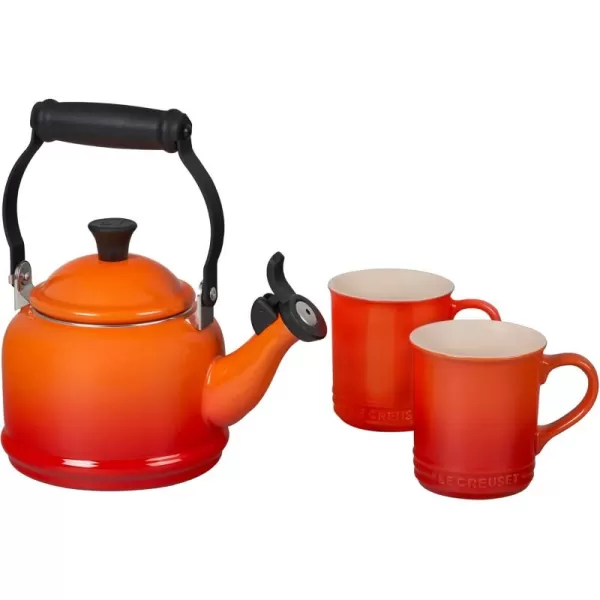 imageLe Creuset Enamel On Steel Demi Kettle ampamp Stoneware Set of 2 Mugs 125 qt Kettle ampamp 2 14 oz Mugs WhiteFlame