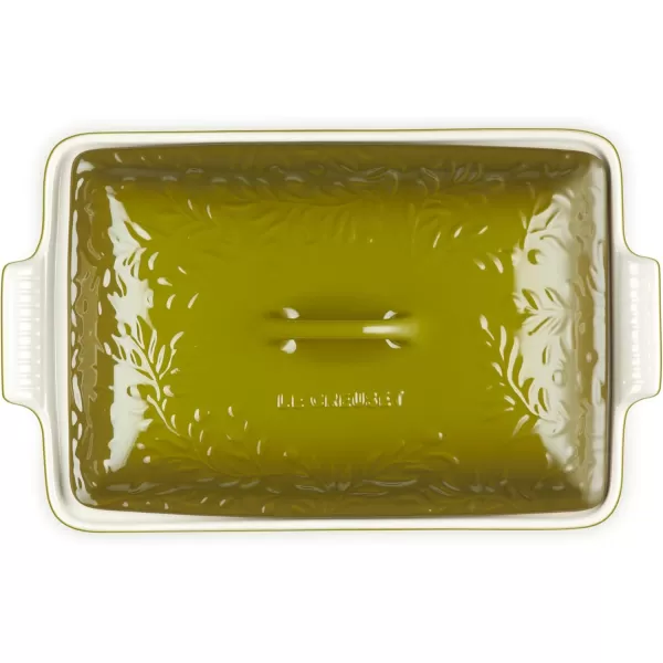 imageLe Creuset Olive Branch Collection Stoneware Heritage Covered Rectangular Casserole 4 qt Artichaut with Embossed LidOlive
