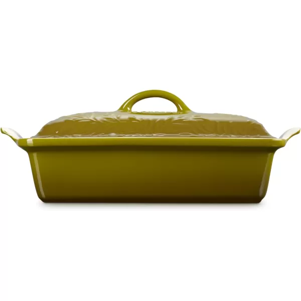 imageLe Creuset Olive Branch Collection Stoneware Heritage Covered Rectangular Casserole 4 qt Artichaut with Embossed LidOlive