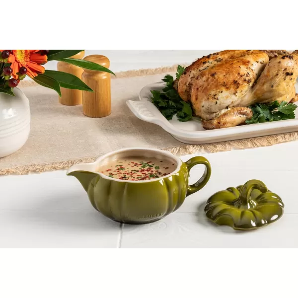 imageLe Creuset Stoneware Pumpkin Gravy Boat with Lid 14 oz PersimmonWhite