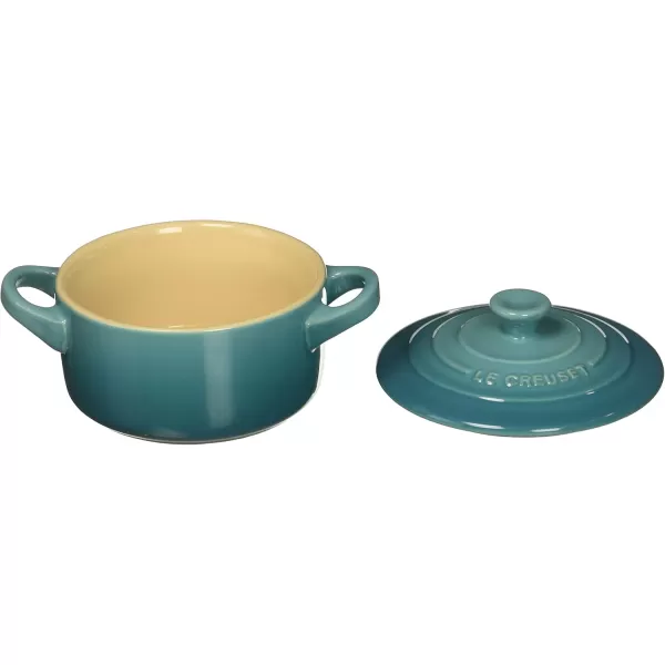 imageLe Creuset Stoneware Set of 4 Mini Cocottes with Cookbook 8 oz each CeriseCaribbean