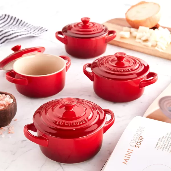 imageLe Creuset Stoneware Set of 4 Mini Cocottes with Cookbook 8 oz each CeriseCerise
