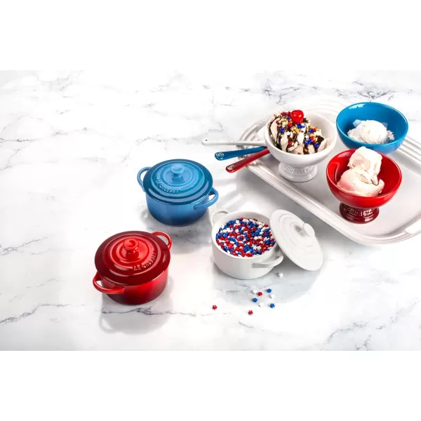imageLe Creuset Stoneware Set of 4 Mini Cocottes with Cookbook 8 oz each CeriseMarseille