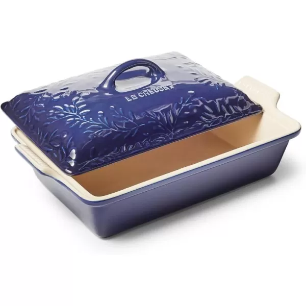 imageLe Creuset Olive Branch Collection Stoneware Heritage Covered Rectangular Casserole 4 qt Artichaut with Embossed LidIndigo