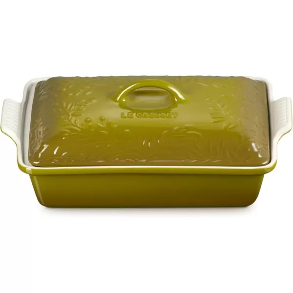 imageLe Creuset Olive Branch Collection Stoneware Heritage Covered Rectangular Casserole 4 qt Artichaut with Embossed LidOlive