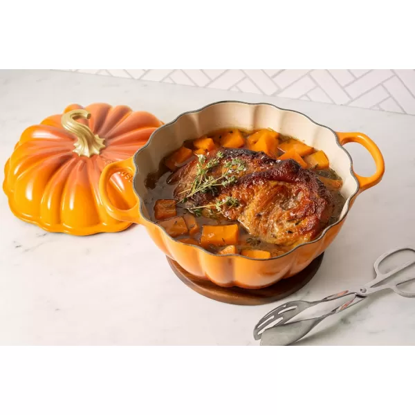 imageLe Creuset Enameled Cast Iron Figural Pumpkin Cocotte 4 qt White wCopper KnobPersimmon