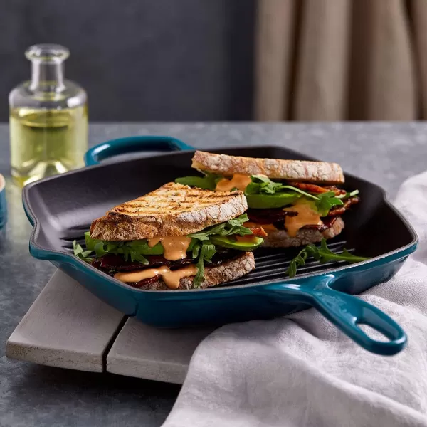 imageLe Creuset Enameled Cast Iron Signature Square Skillet Grill 95quot CeriseDeep Teal