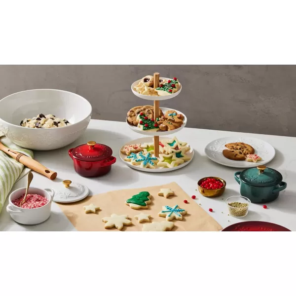imageLe Creuset Stoneware Holly Collection Mini Round Cocotte 8 Oz Cerise with Gold KnobWhite