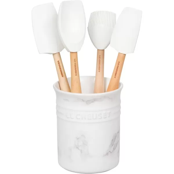 imageLe Creuset Silicone Craft Series Utensil Set with Stoneware Crock 5 pc WhiteMarble