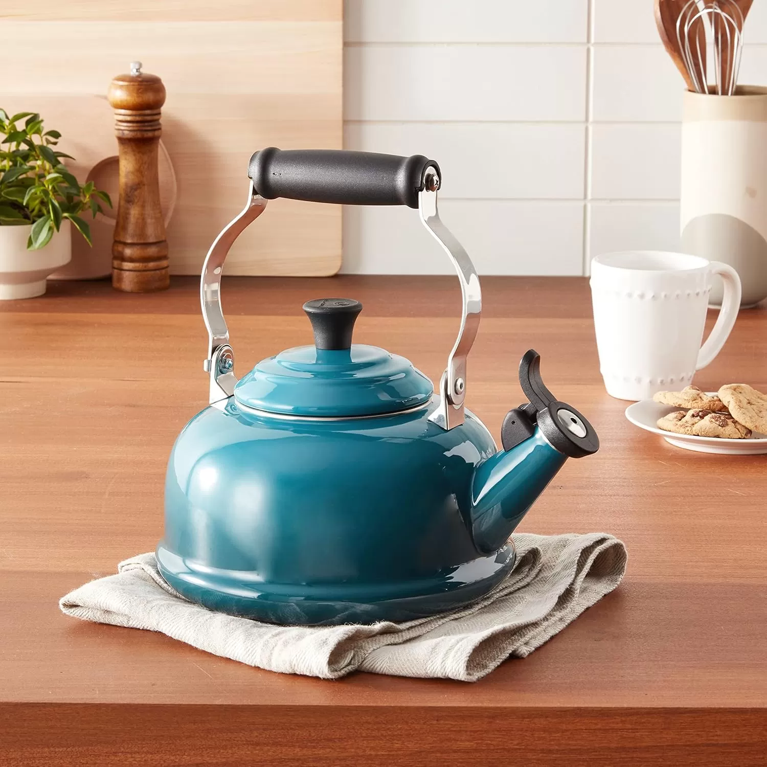 imageLe Creuset Enamel On Steel Whistling Tea Kettle 17 qt FlameDeep Teal