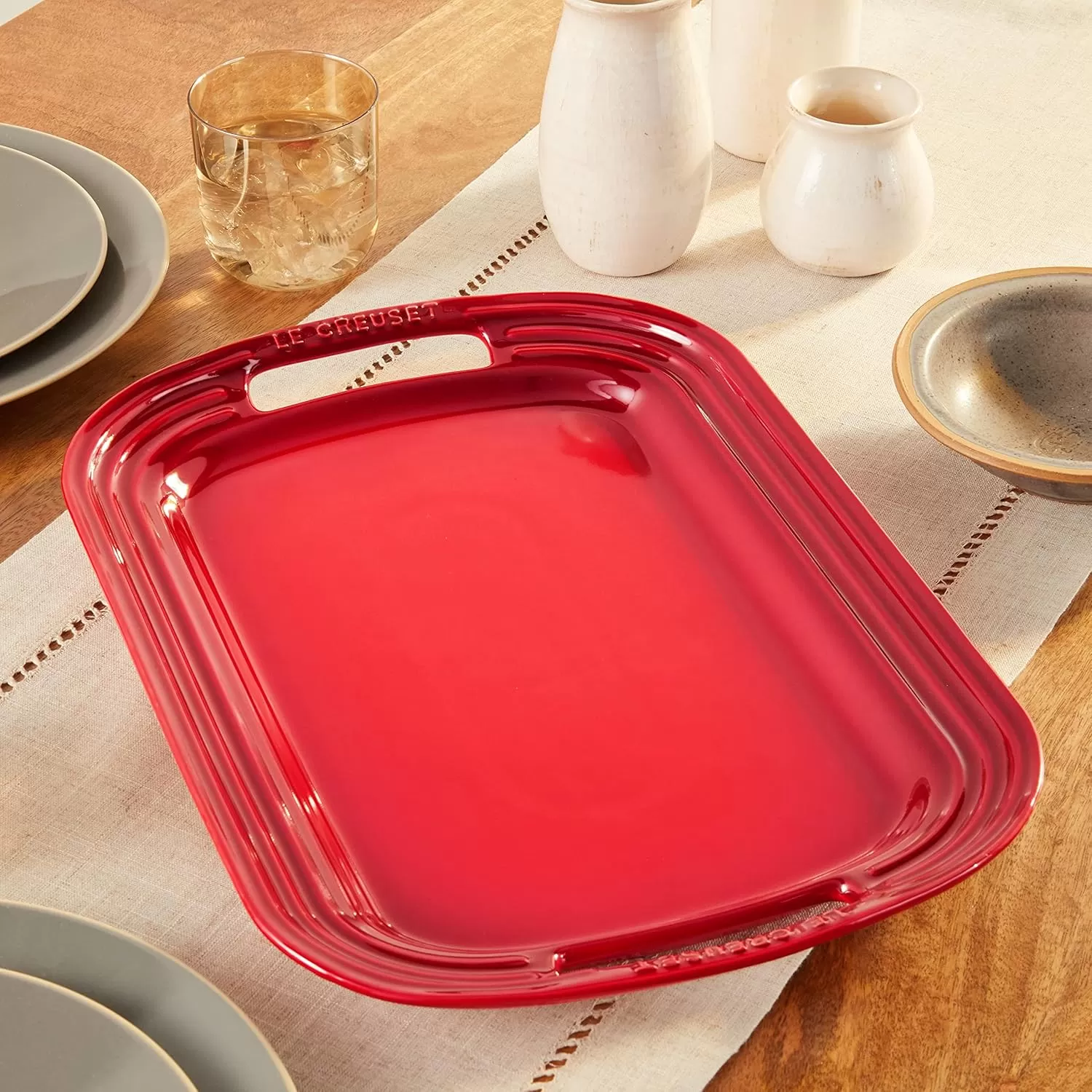 imageLe Creuset Stoneware Oval Serving Platter 1625quot WhiteCerise