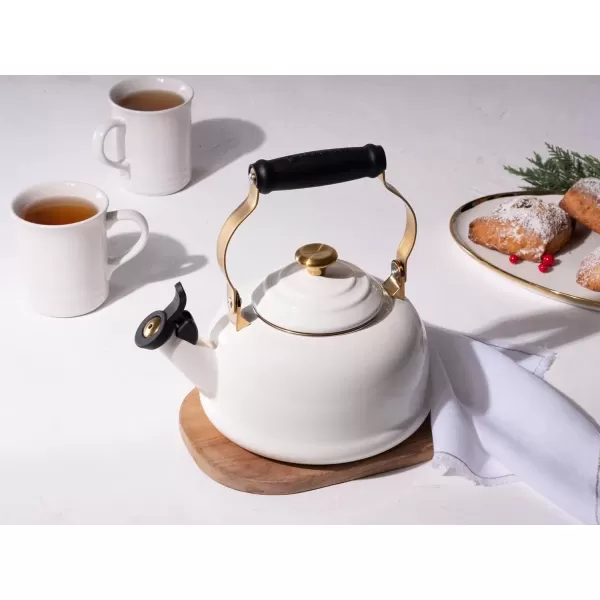 imageLe Creuset Enamel on Steel Whistling Tea Kettle with Gold Finishes 17 qt PersimmonWhite