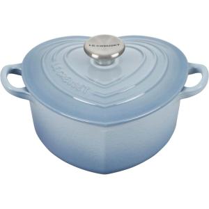 imageLe Creuset Signature Enameled Cast Iron Figural Heart Cocotte 2 Quart Cerise with Stainless Steel KnobCoastal Blue