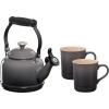 imageLe Creuset Enamel On Steel Demi Kettle with Metal Finishes ampamp Stoneware Set of 2 Mugs 125 qt Kettle ampamp 2 14 oz Mugs CeriseOyster