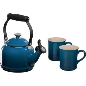 imageLe Creuset Enamel On Steel Demi Kettle with Metal Finishes ampamp Stoneware Set of 2 Mugs 125 qt Kettle ampamp 2 14 oz Mugs CeriseDeep Teal
