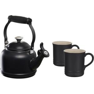 imageLe Creuset Enamel On Steel Demi Kettle with Metal Finishes ampamp Stoneware Set of 2 Mugs 125 qt Kettle ampamp 2 14 oz Mugs CeriseLicorice