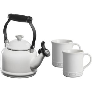 imageLe Creuset Enamel On Steel Demi Kettle with Metal Finishes ampamp Stoneware Set of 2 Mugs 125 qt Kettle ampamp 2 14 oz Mugs CeriseWhite
