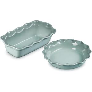 imageLe Creuset Stoneware Set of 2 9quot Heritage Fluted Pie and 9quot Fluted Loaf Dish Chiffon PinkSea Salt