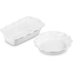imageLe Creuset Stoneware Set of 2 9quot Heritage Fluted Pie and 9quot Fluted Loaf Dish Chiffon PinkWhite
