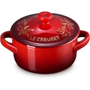 imageLe Creuset Stoneware Holly Collection MIni Round Cocotte 8 oz Coastal Blue with Gold AppliqueCerise