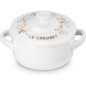 imageLe Creuset Stoneware Holly Collection MIni Round Cocotte 8 oz Coastal Blue with Gold AppliqueWhite