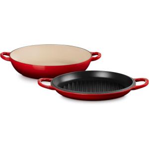 imageLe Creuset Enameled Cast Iron Multifunction Braiser with Grill Pan Lid 35 qt MeringueCerise