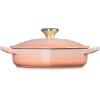 imageLe Creuset Enameled Cast Iron Traditional Shallow Heart Cocotte 125 Qt Chiffon Pink Light Gold HeartPeche