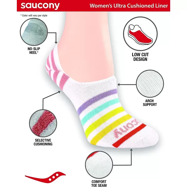 imageSaucony Womens 8 Pairs No Show Cushioned Invisible Liner SocksRainbow Assorted 8 Pairs