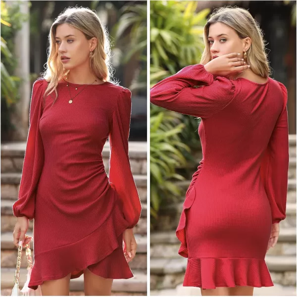 Byinns Women's 2024 Long Sleeve Bodycon Mini Dress Round Neck Knit Ruffle Ribbed Cocktail Party Sexy Dresses
