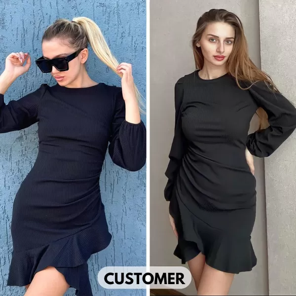 Byinns Women's 2024 Long Sleeve Bodycon Mini Dress Round Neck Knit Ruffle Ribbed Cocktail Party Sexy Dresses