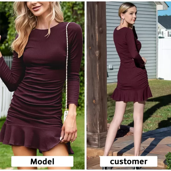 Byinns Women's 2024 Sexy Mini Dress Knit Ruched Long Sleeve Ruffle Bodycon Dress Club Date Night Cocktail Party Dresses