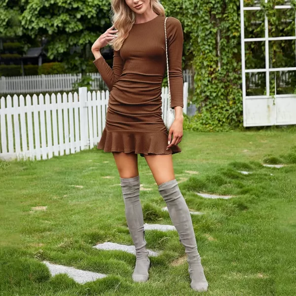 Byinns Women's 2024 Sexy Mini Dress Knit Ruched Long Sleeve Ruffle Bodycon Dress Club Date Night Cocktail Party Dresses